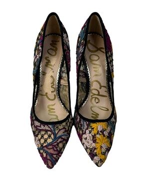 Sam Edelman Hazel Pointed Toe Pumps Mesh Floral Embroidered Stiletto Heel Sz 9.5